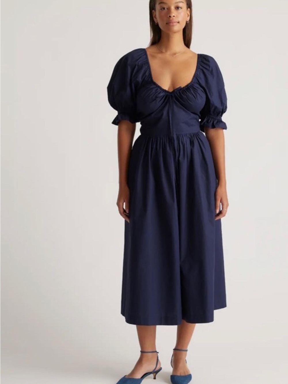 Quince Navy Puff-Sleeve Midi Dress